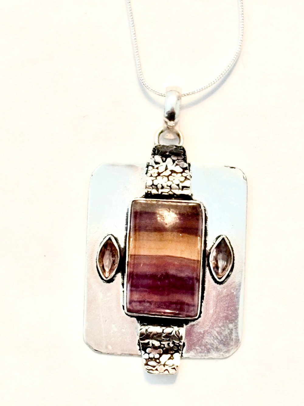 Gorgeous,2 inch, 925 marked, Fluorite and Morganite pendant on a silver chain